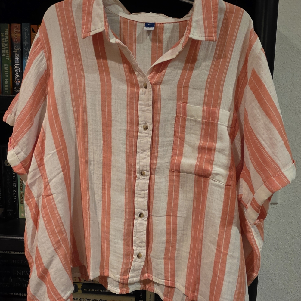 Old Navy Coral and White Relaxed Striped Button Down Shirt